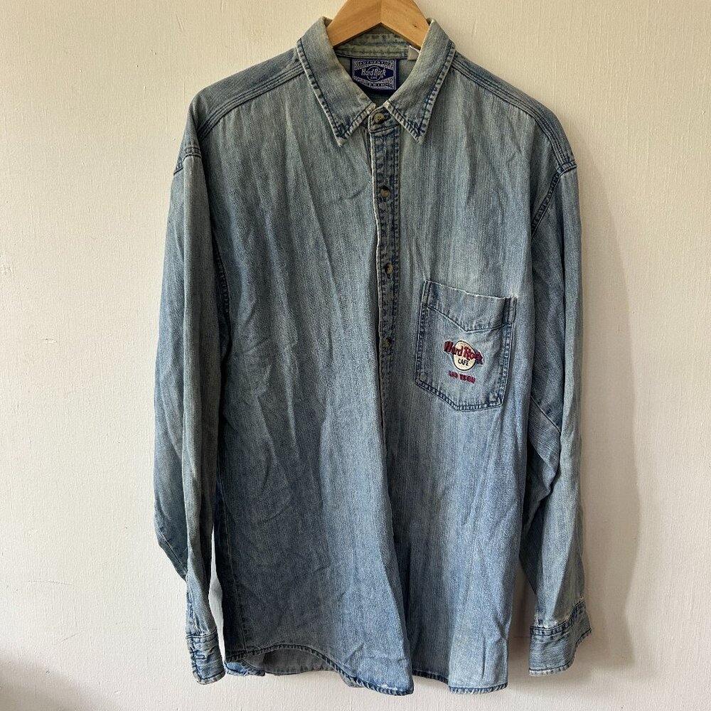 Hard Rock Cafe Denim Shirt‎ Mens Large Blue Collared Embroidery VTG 90s Distress
